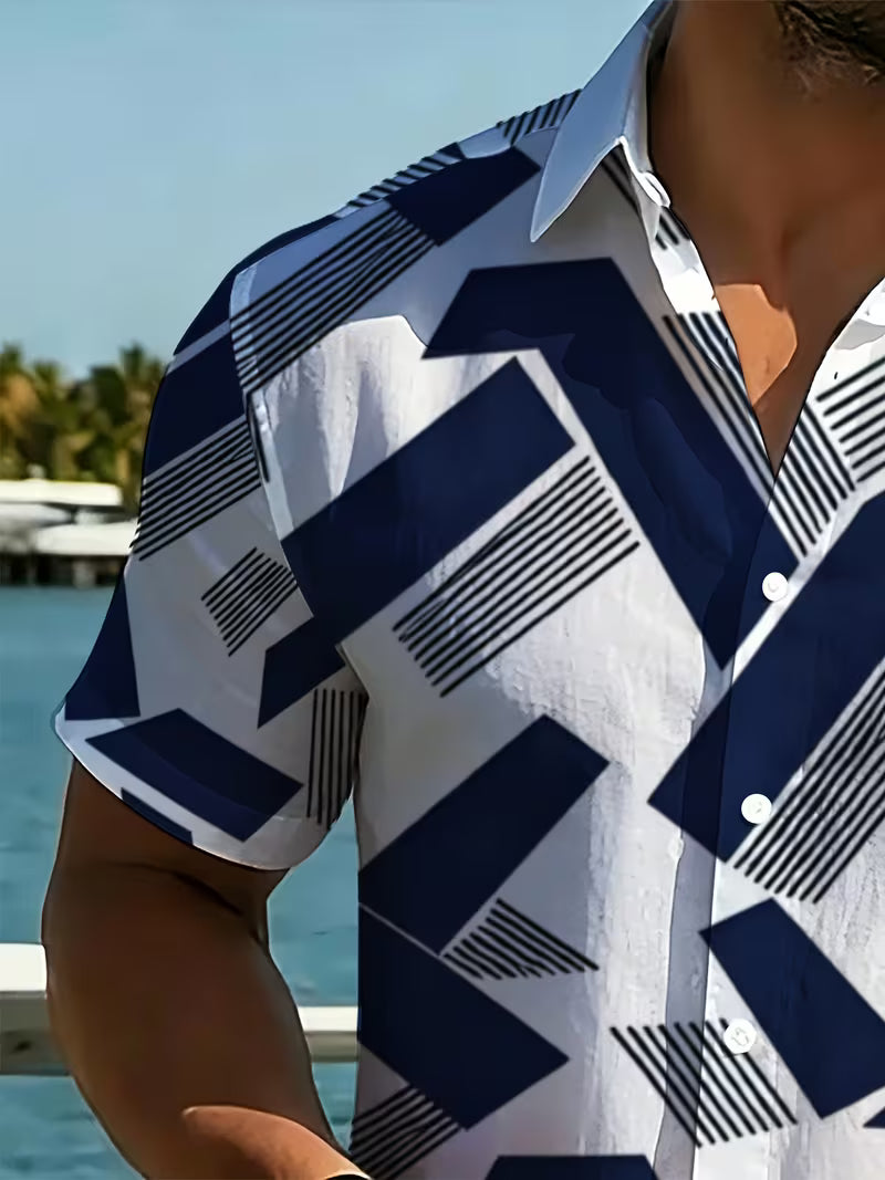 Men’s White Printed Shirt and Shorts Set – 2-Piece Summer Outfit