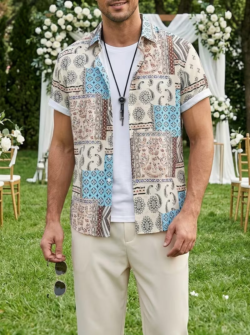 Men’s Paisley Print Shirt and Casual Pants Set – Elegant 2-Piece Vacation Outfit