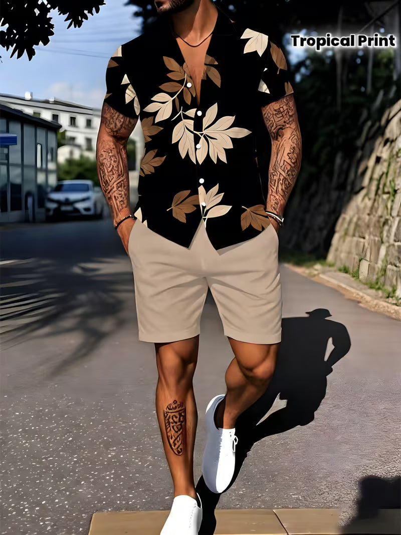 Men’s Tropical Leaf Print Shirt and Shorts Set – 2-Piece Summer Vacation Outfit